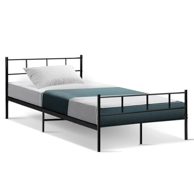 Wategos Metal King Single Bed Frame Black with sturdy black steel frame, minimalist design, and simple head and foot rails.