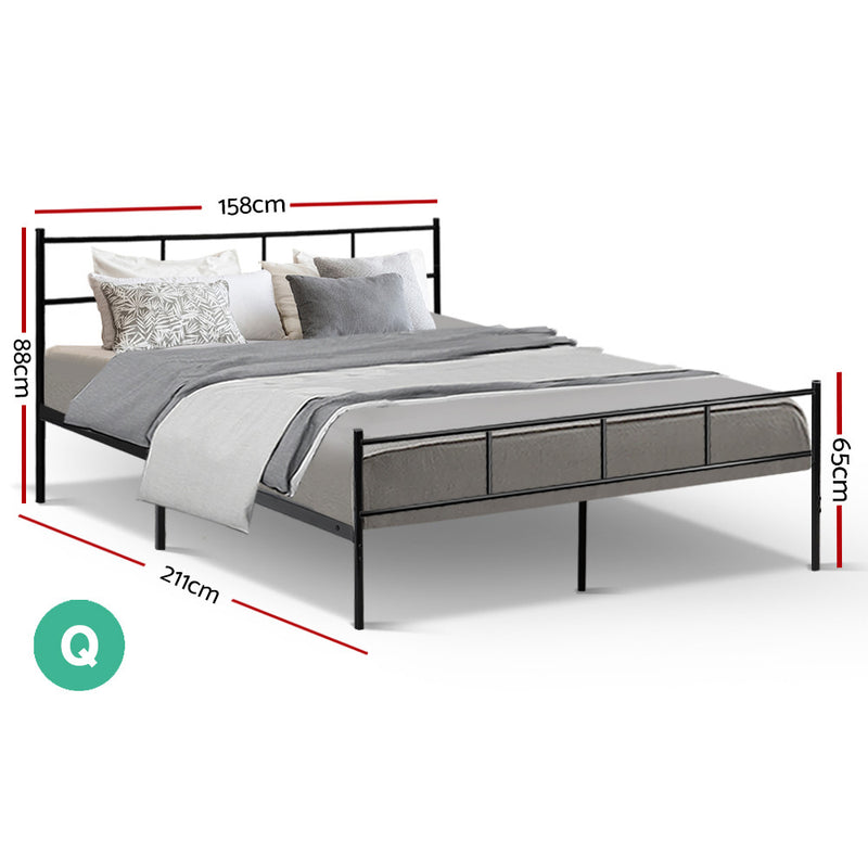 Wategos Metal Queen Bed Frame Black with simple design, sturdy steel frame, and minimalist headboard and footboard in bedroom setting