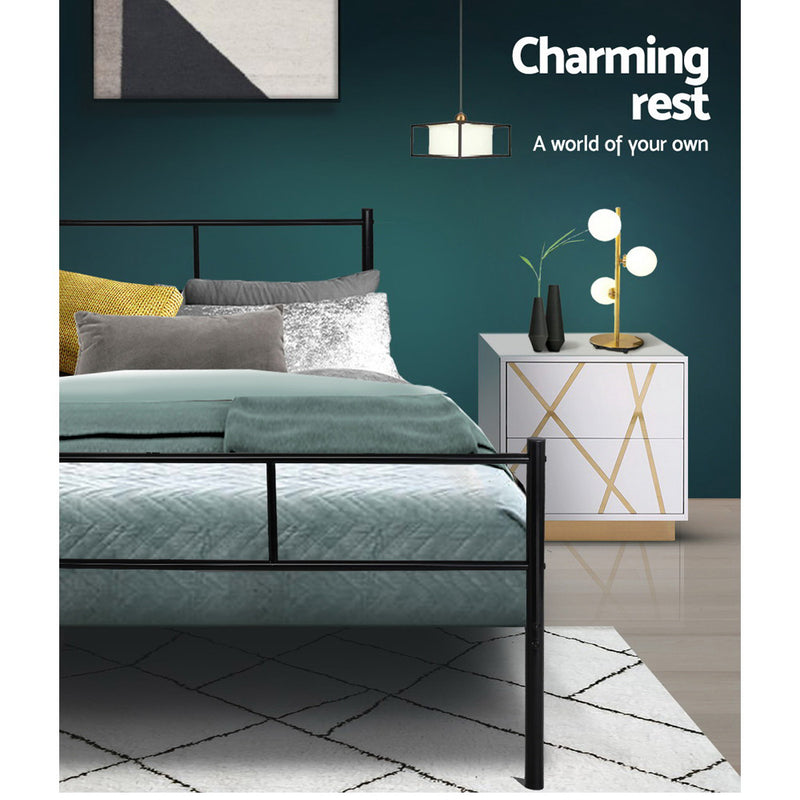 Wategos Metal Queen Bed Frame Black with sleek black steel construction in a modern bedroom setting with pillows and nightstand