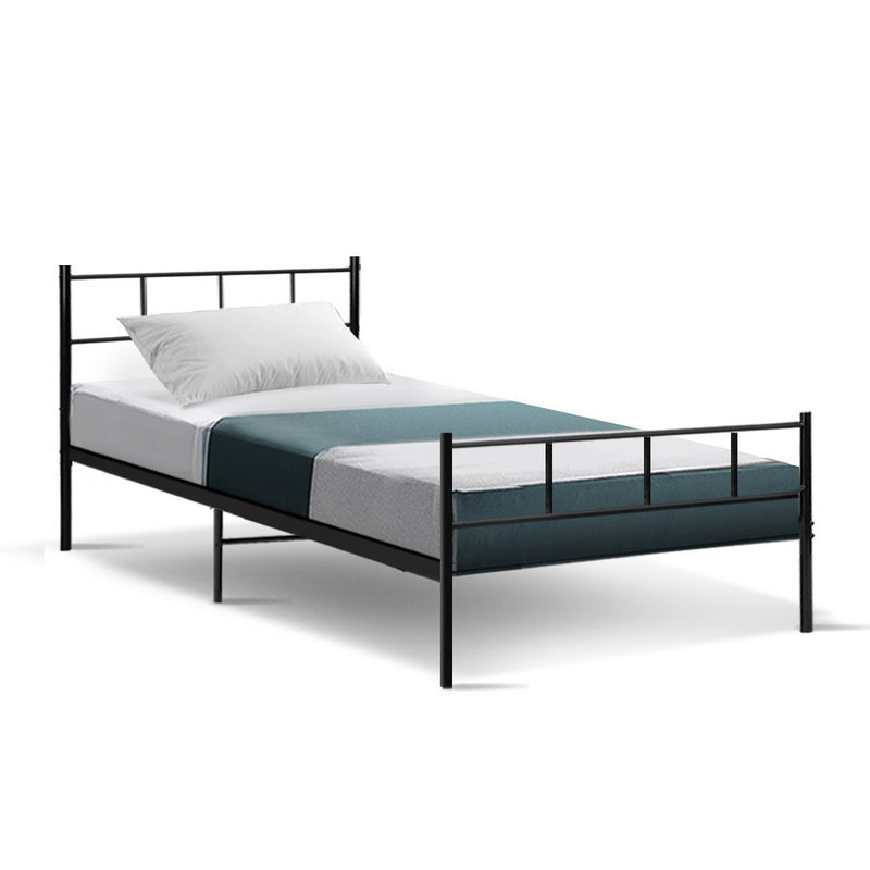 Wategos Metal Single Bed Frame Black with minimalist design, sturdy steel construction, mattress, and pillow on white background
