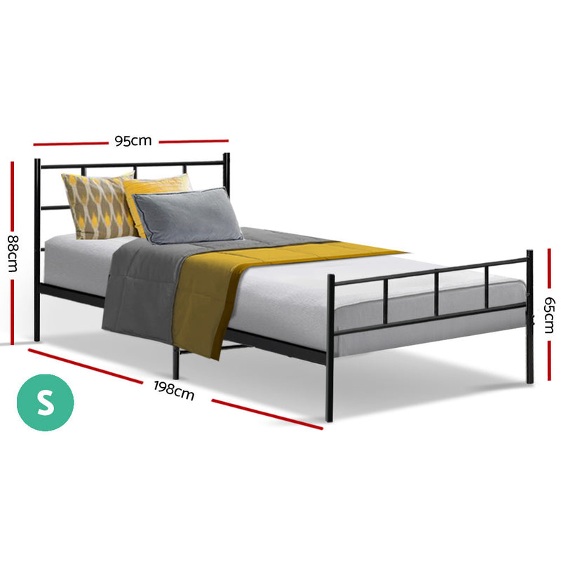 Wategos Metal Single Bed Frame Black with simple black steel frame and horizontal bars, shown with mattress and bedding.