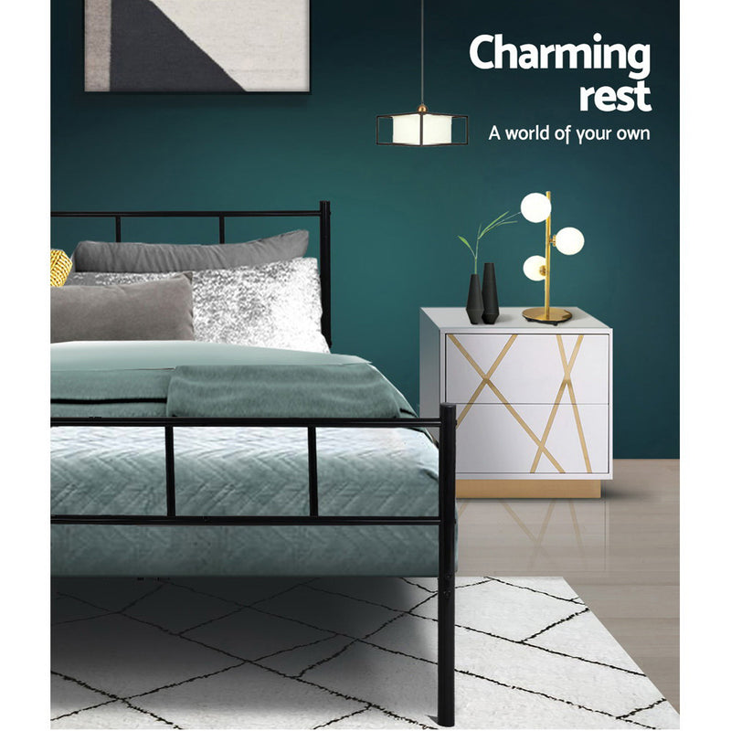 Wategos Metal Single Bed Frame Black with sleek steel design in bedroom setting featuring side table and modern decor