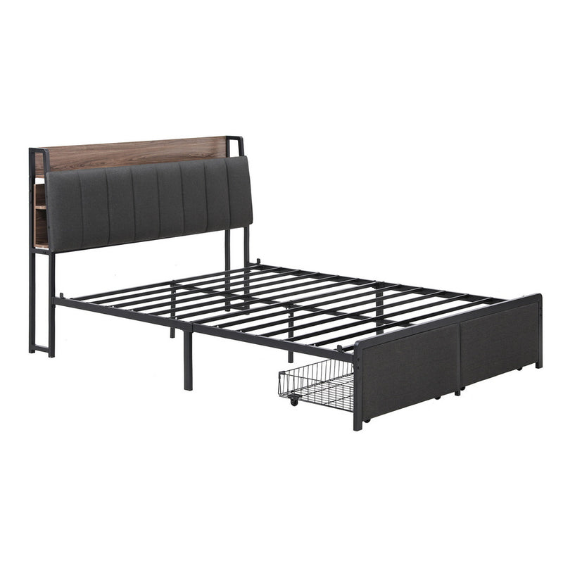 Sotera Double Upholstered Storage Bed Frame with Charging Station – Oak/Grey featuring metal slats, storage basket, and upholstered headboard.