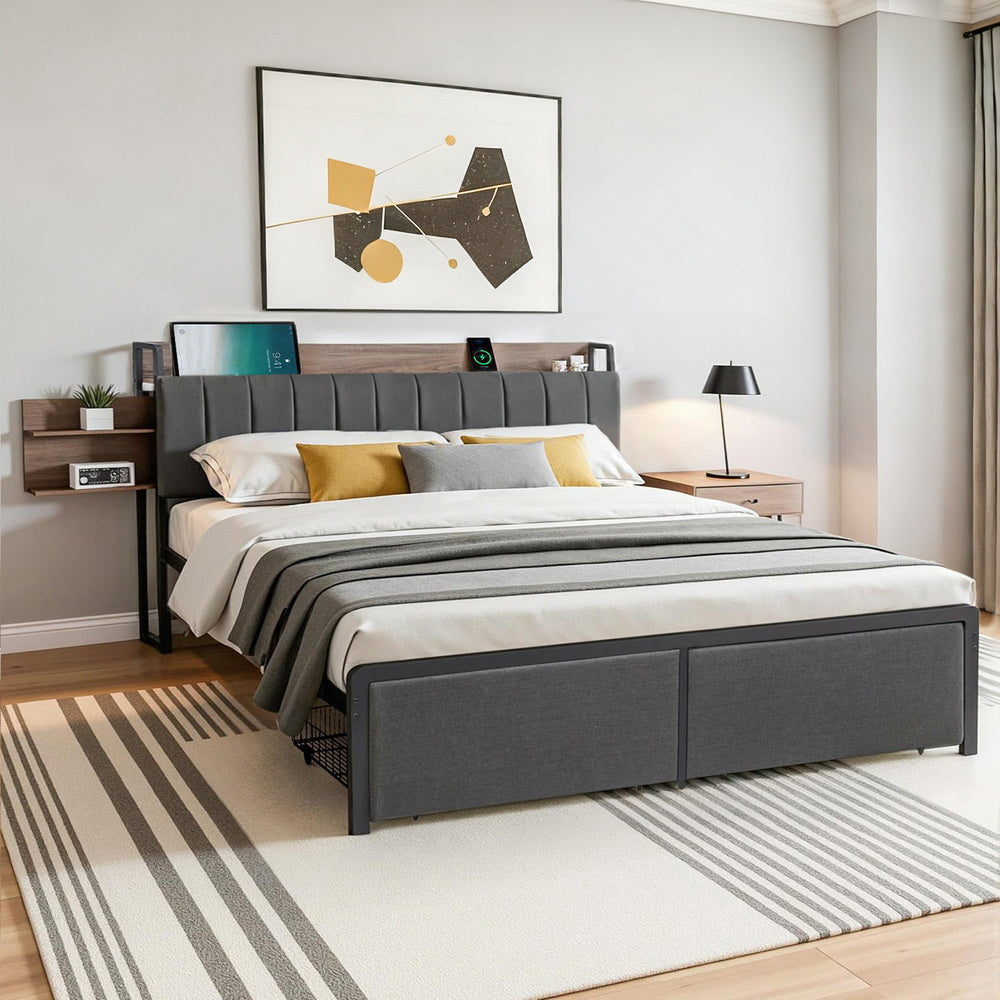 Sotera King Upholstered Storage Bed Frame with Charging Station – Oak/Grey, featuring padded headboard and integrated bedside shelves.