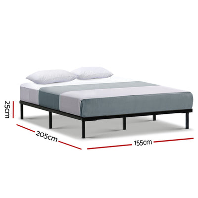 Basic Series Metal Queen Bed Frame Black with sturdy black steel frame, shown with mattress and pillows, dimensions displayed