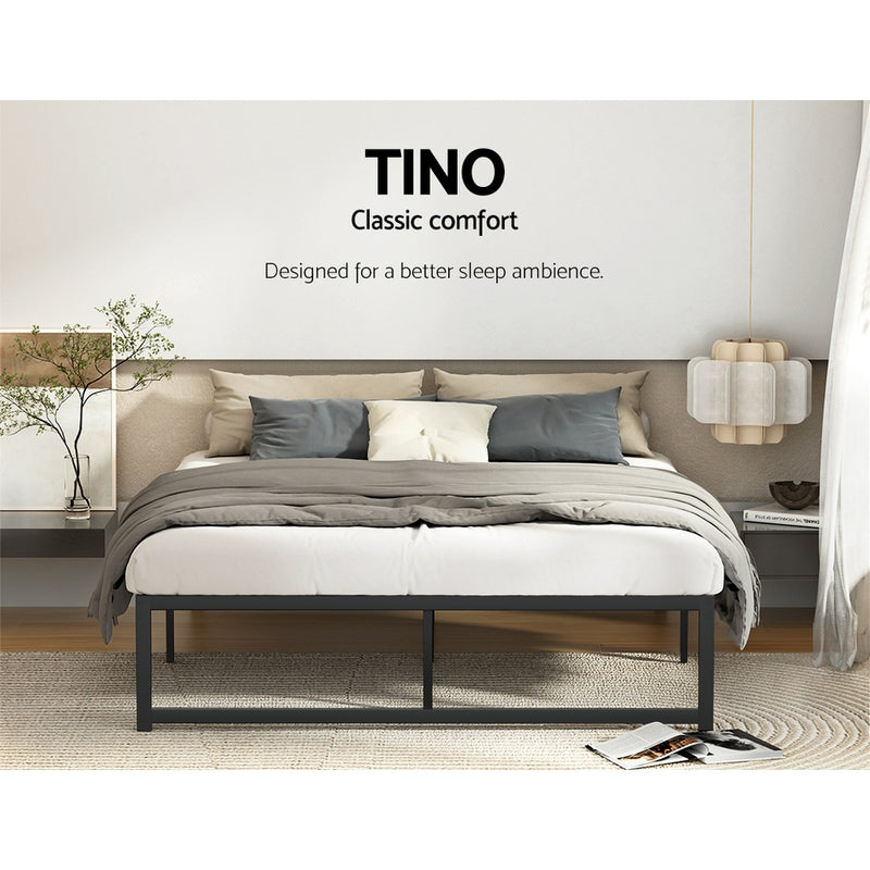 Tino Metal Double Bed Base Black (Metal Slats) with minimalist black frame in modern bedroom setting with neutral bedding and decor