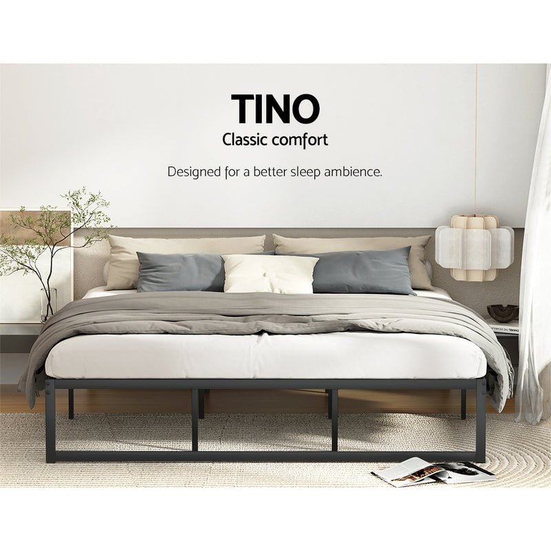 Tino Metal King Bed Base Black (Metal Slats) with minimalist black metal frame in modern bedroom setting with neutral bedding and decor
