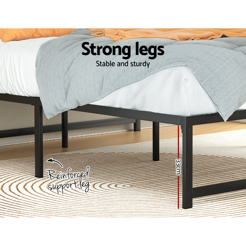 Tino Metal King Bed Base Black (Metal Slats) showing strong reinforced support legs, stable and sturdy frame in bedroom setting