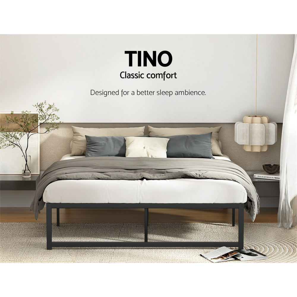 Tino Metal Queen Bed Base Black (Metal Slats) with minimalist black metal frame in modern bedroom setting.