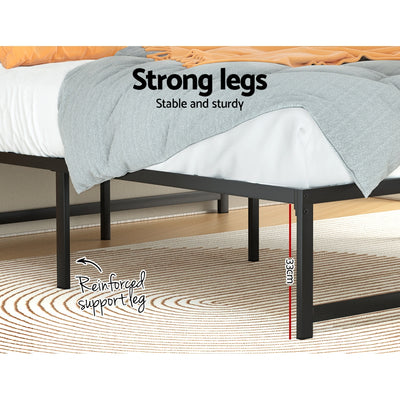 Tino Metal Queen Bed Base Black (Metal Slats) showing strong, stable reinforced support legs with 33cm height on rug background
