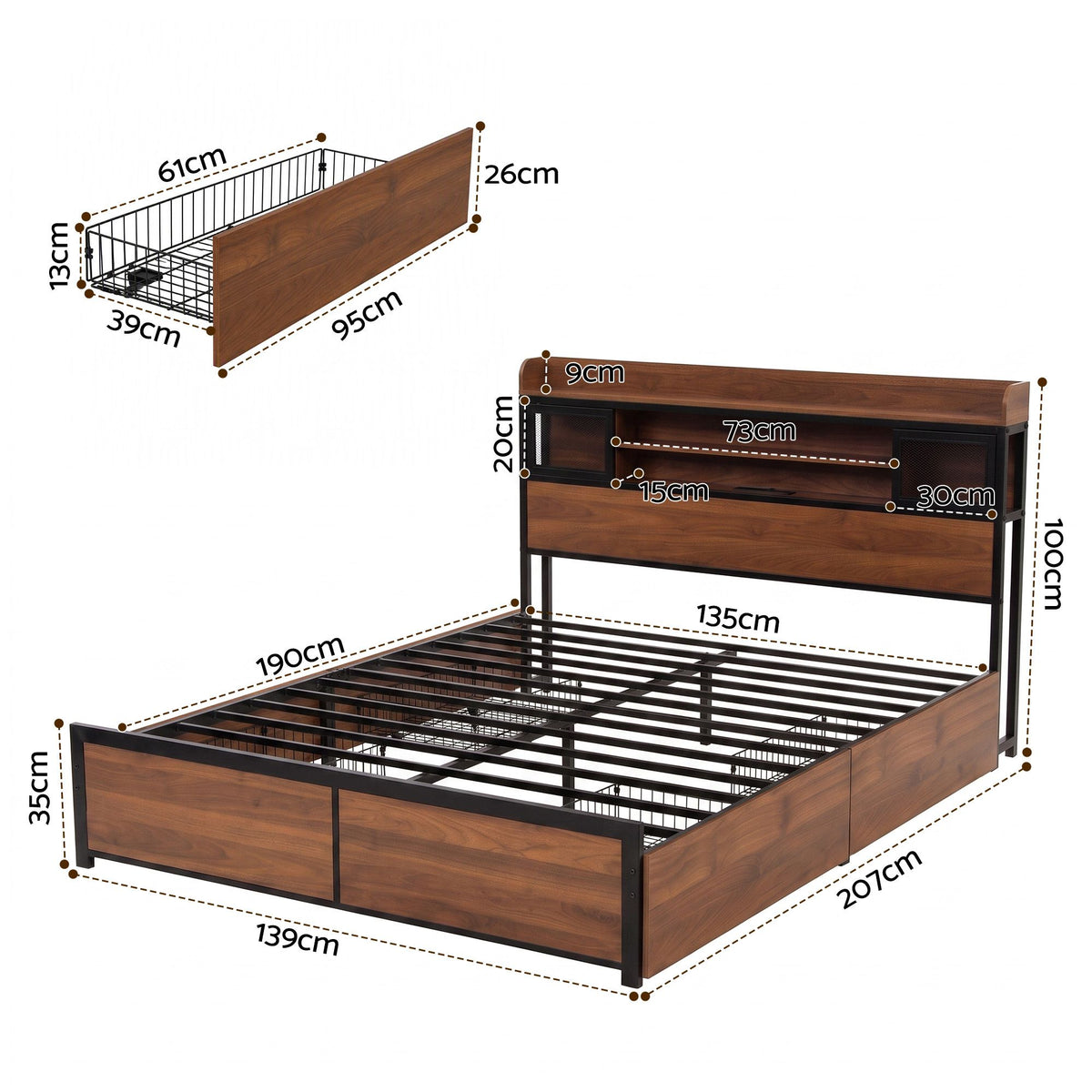 Double Bed Frame with 4 Drawers and Charging Station - Oak
