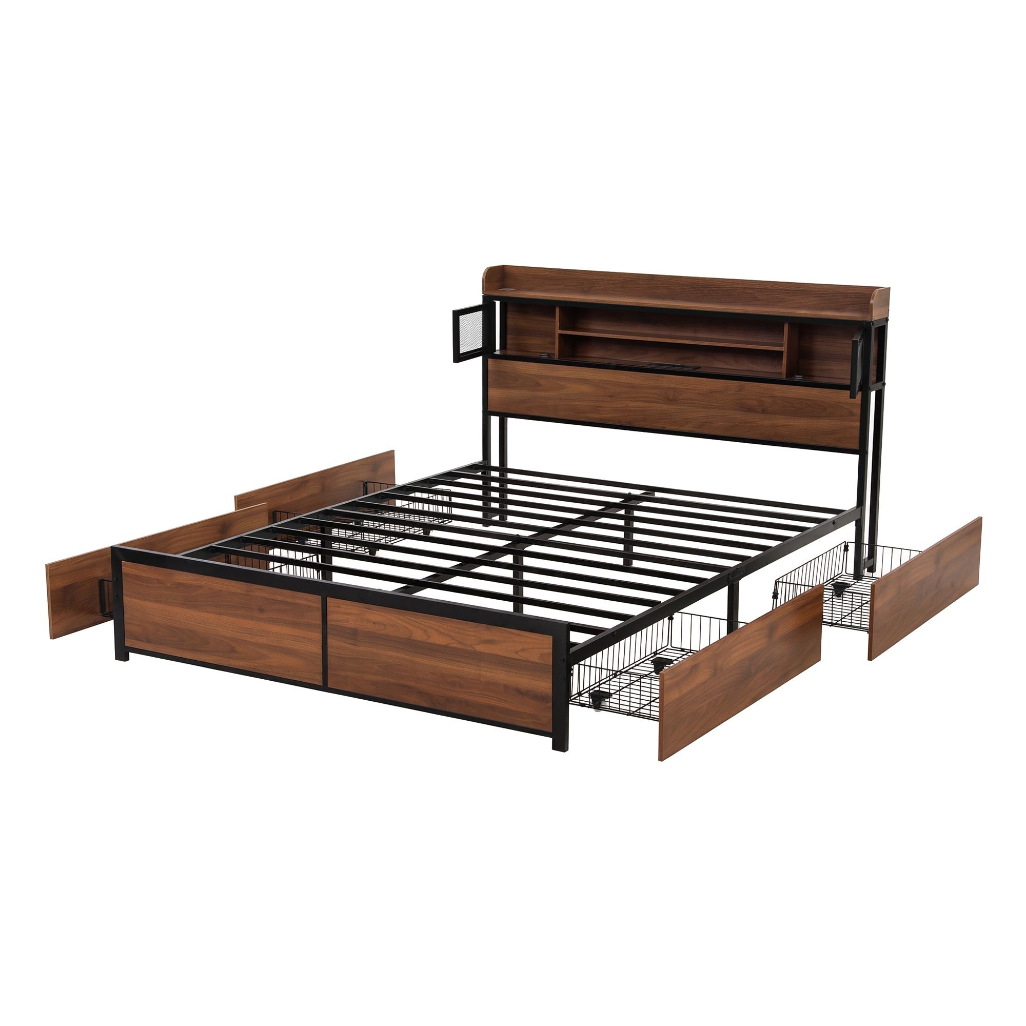 Double Bed Frame with 4 Drawers and Charging Station - Oak