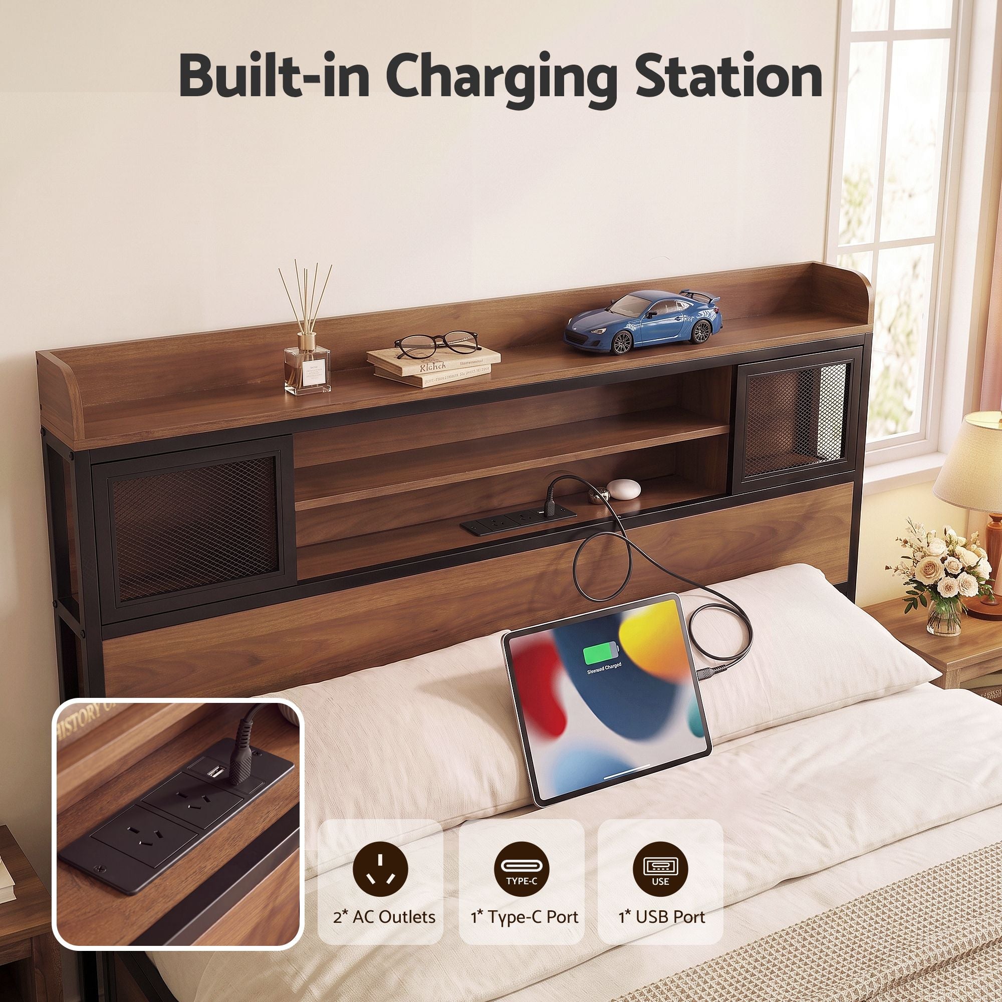 Double Bed Frame with 4 Drawers and Charging Station - Oak
