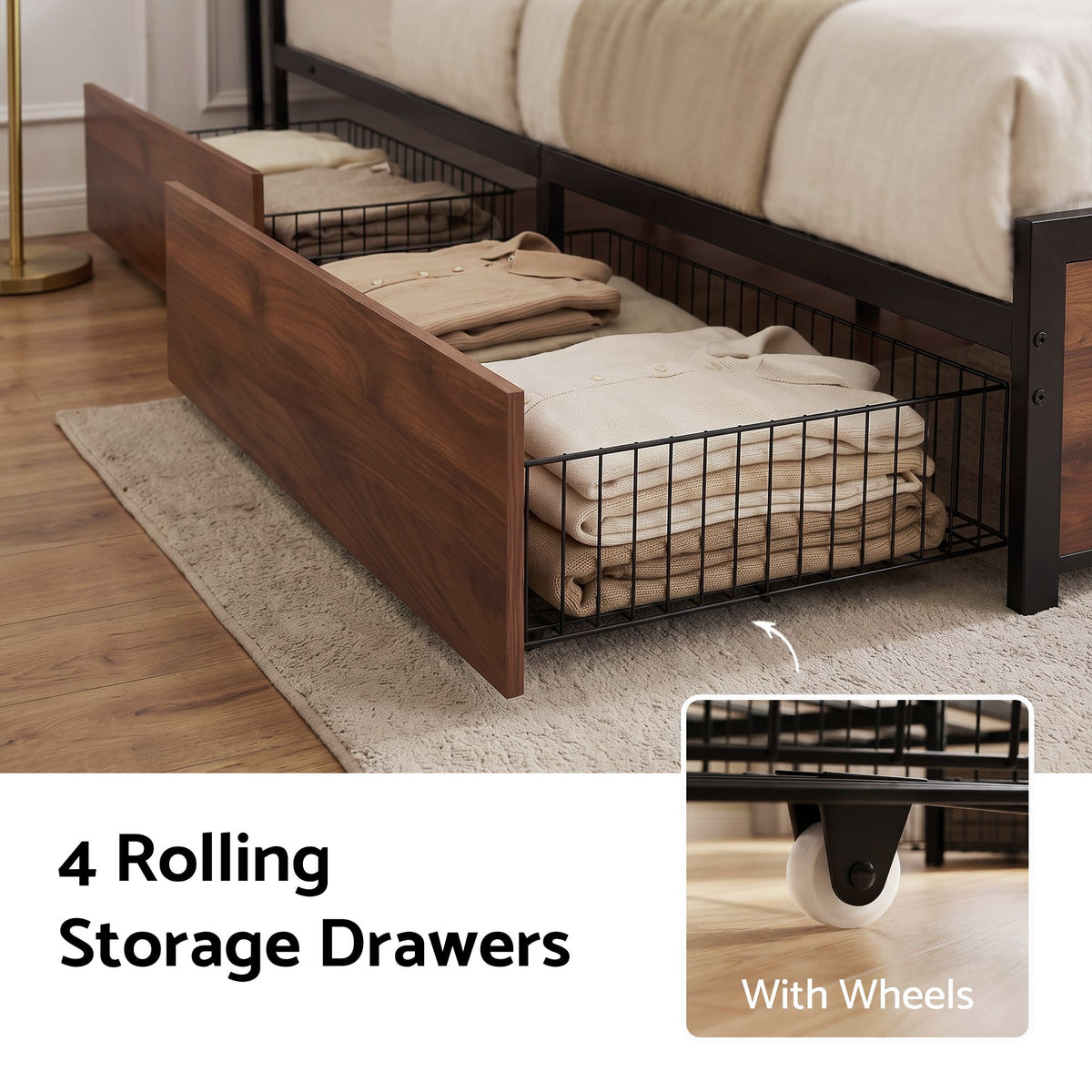 Double Bed Frame with 4 Drawers and Charging Station - Oak