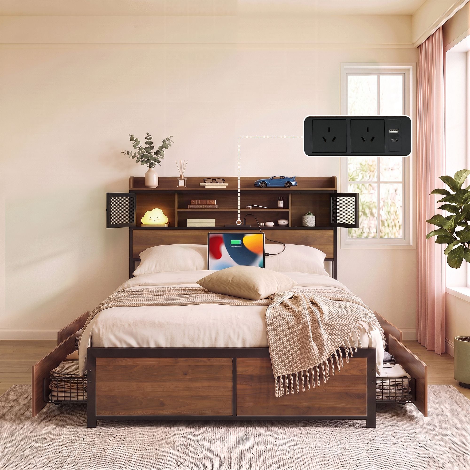 Double Bed Frame with 4 Drawers and Charging Station - Oak