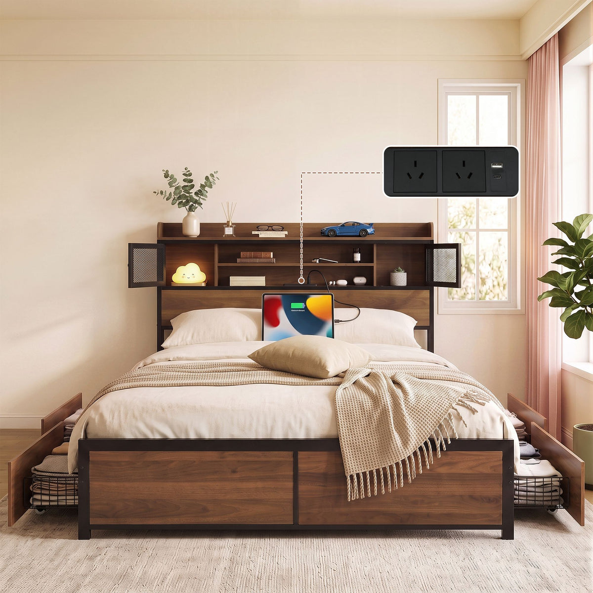Queen Bed Frame with 4 Drawers and Charging Station - Oak