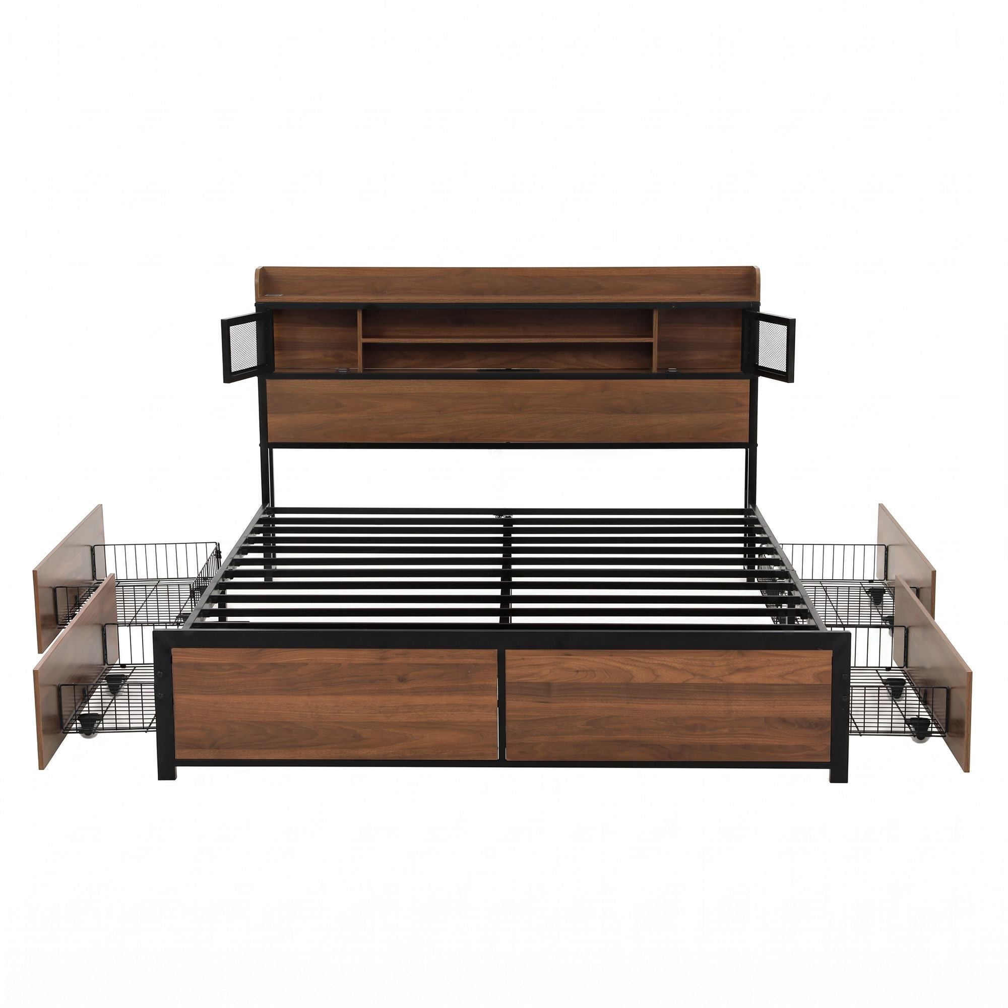 Queen Bed Frame with 4 Drawers and Charging Station - Oak