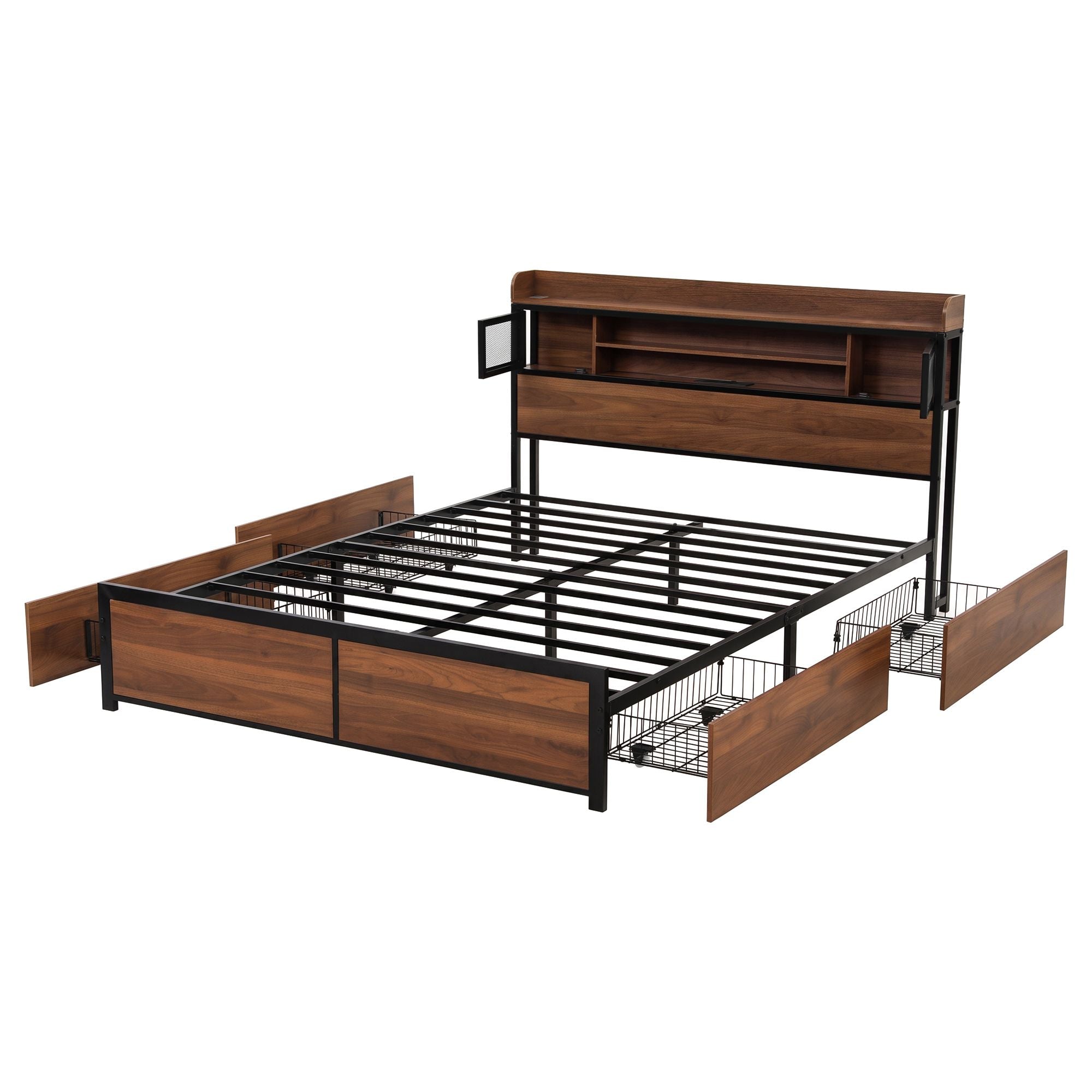 Queen Bed Frame with 4 Drawers and Charging Station - Oak