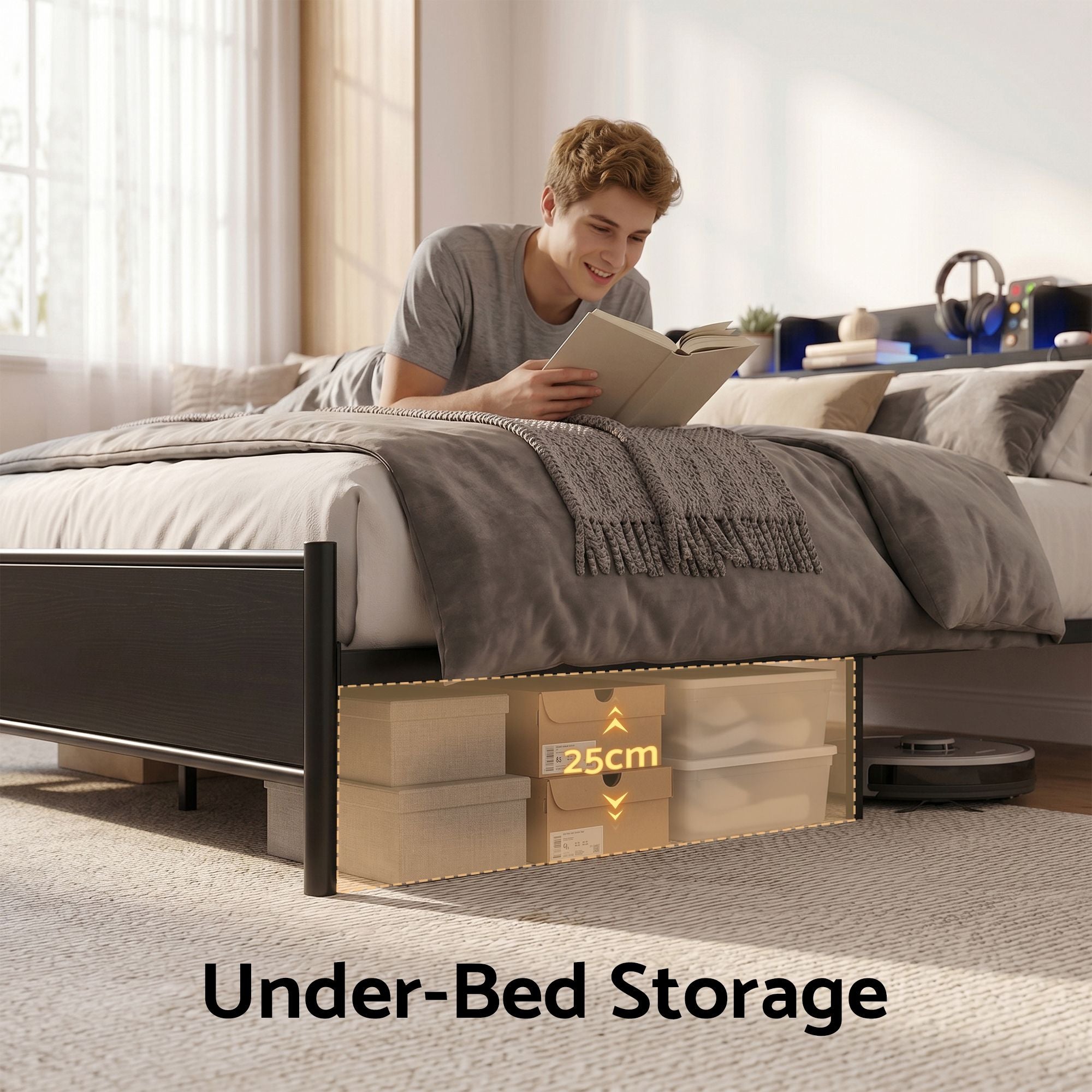 Bed Frame Double Size with Storage Shelf Headboard Charging Station GRID