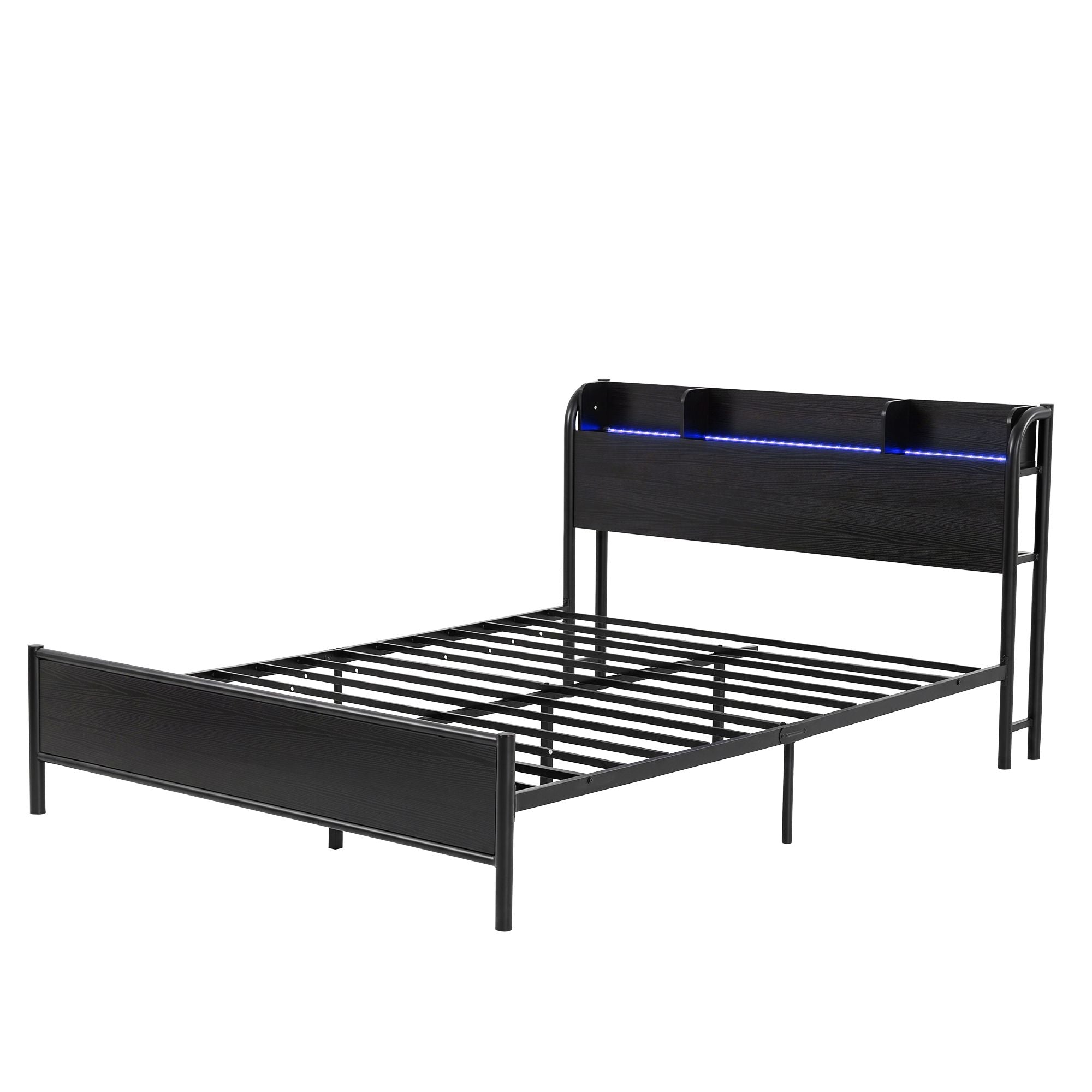 Bed Frame Queen Size with Storage Shelf Headboard Charging Station GRID