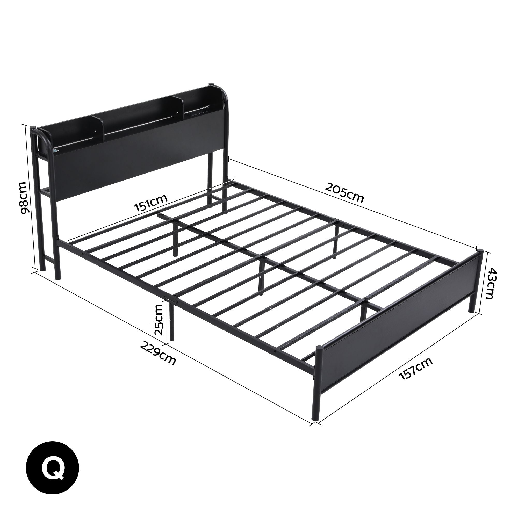 Bed Frame Queen Size with Storage Shelf Headboard Charging Station GRID