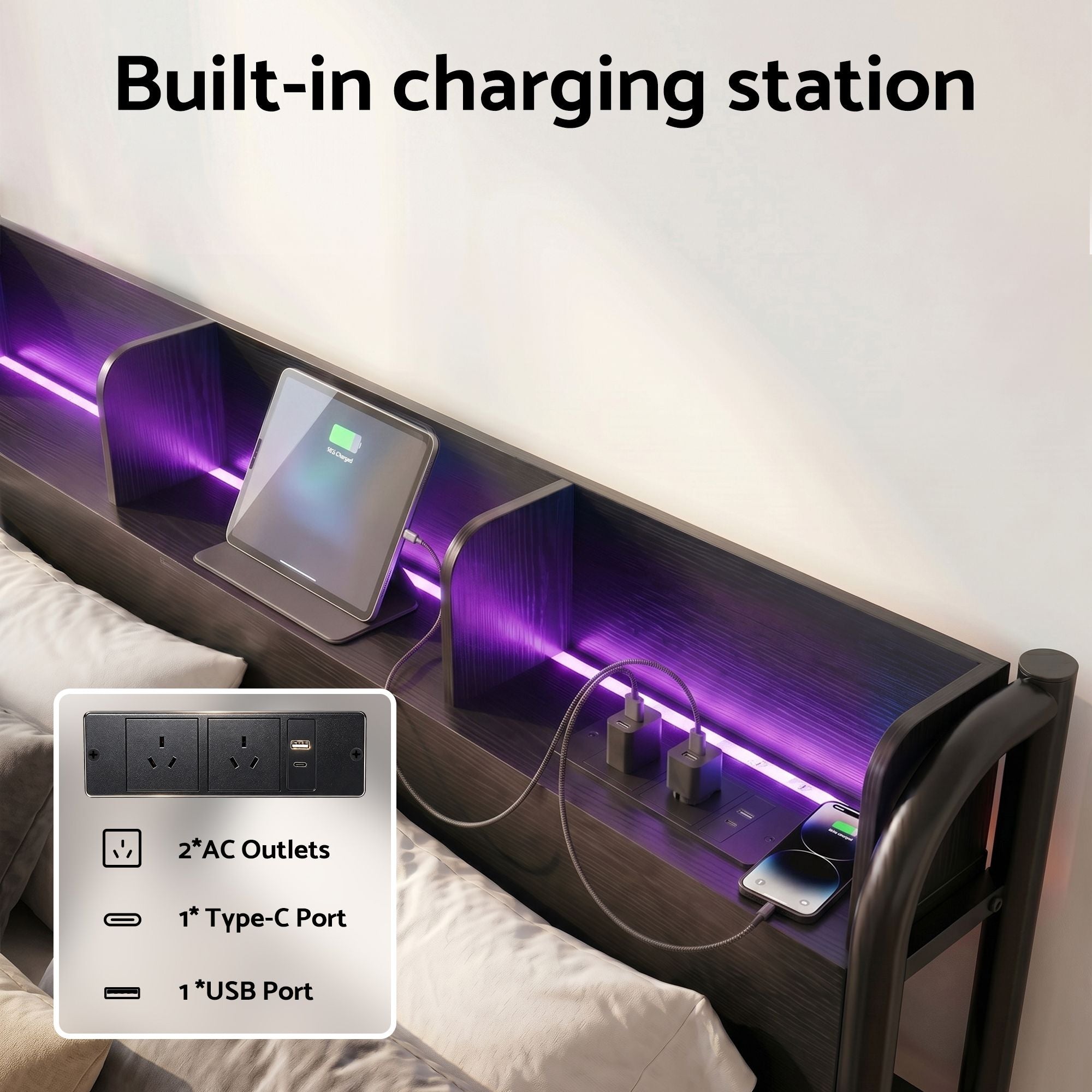 Bed Frame Single Size with Storage Shelf Headboard Charging Station GRID
