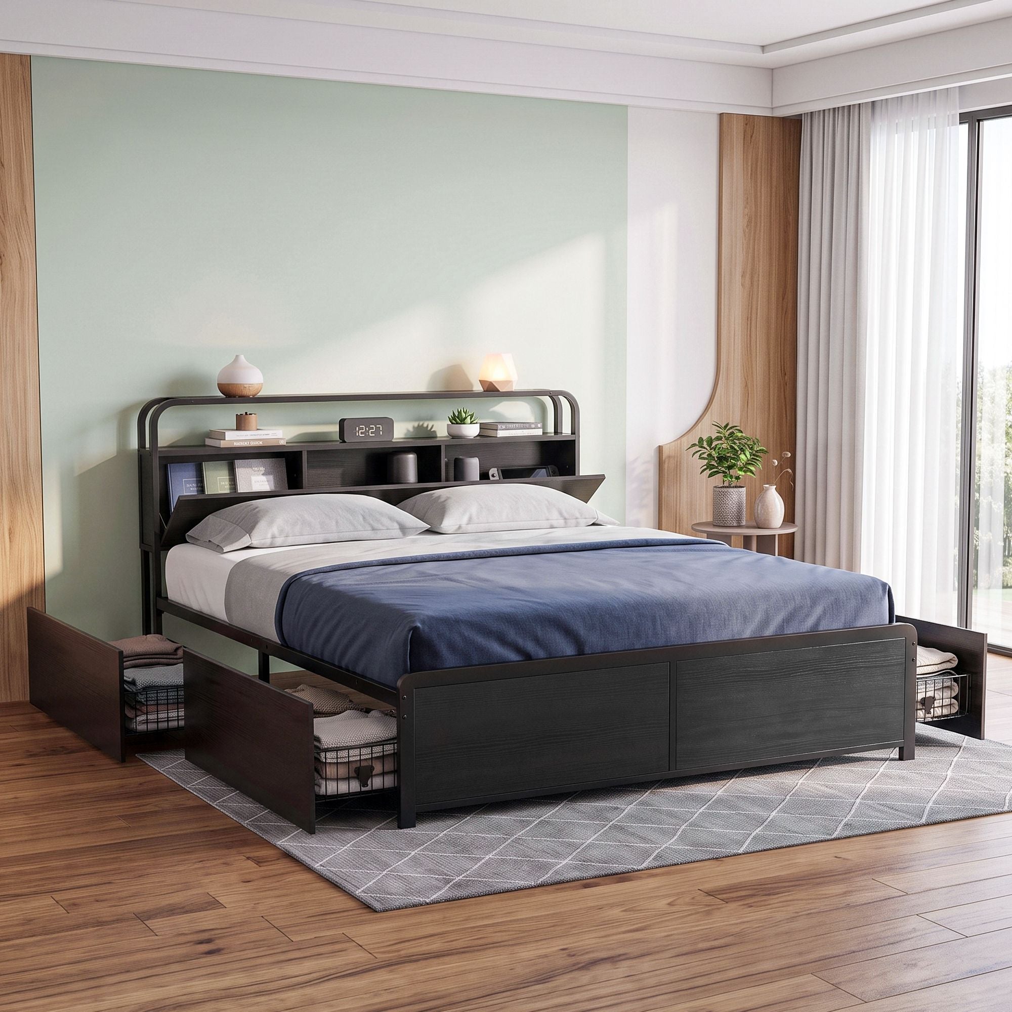 King Metal Bed Frame 4 Drawers Hidden Storage Headboard HEDY