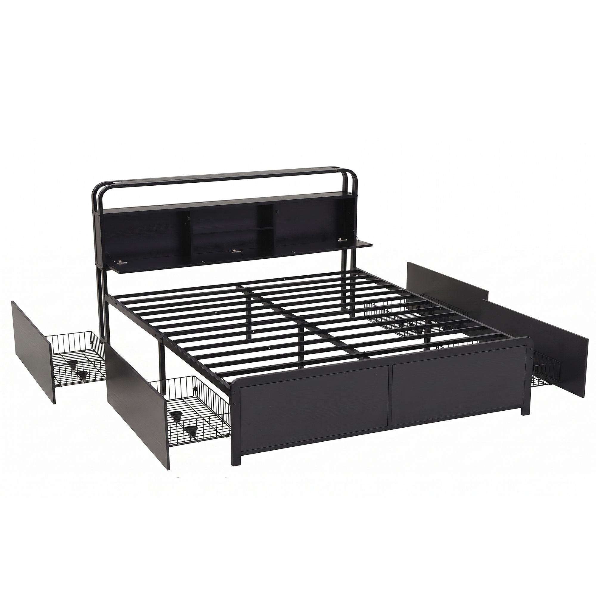 King Metal Bed Frame 4 Drawers Hidden Storage Headboard HEDY