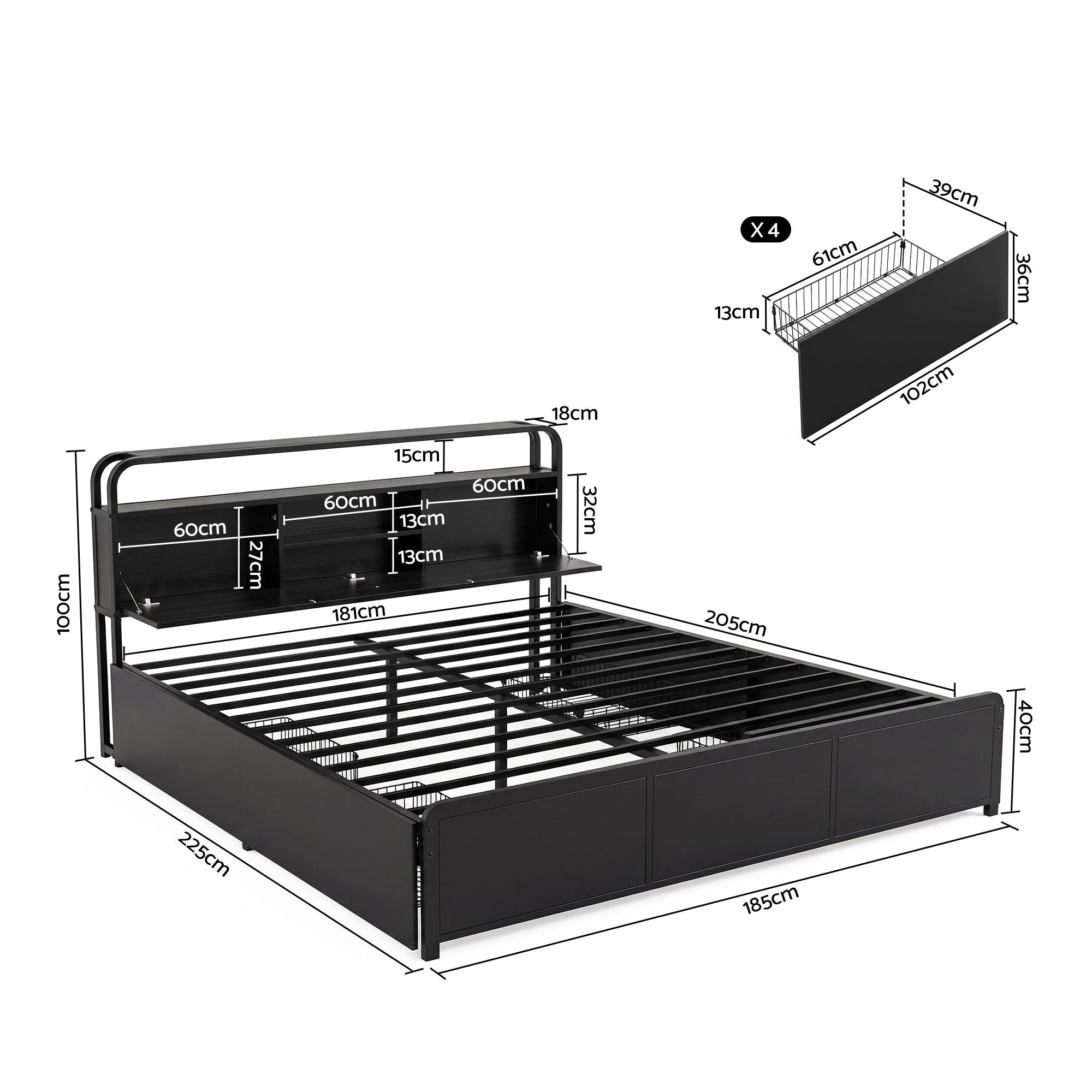 King Metal Bed Frame 4 Drawers Hidden Storage Headboard HEDY
