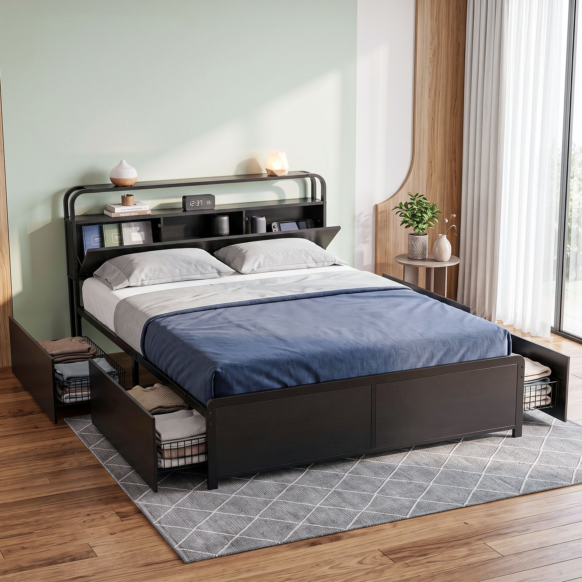 Queen Metal Bed Frame 4 Drawers Hidden Storage Headboard HEDY