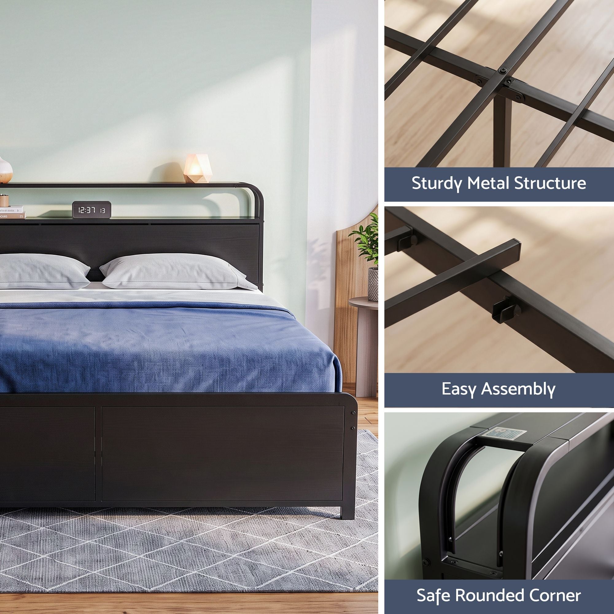 Queen Metal Bed Frame 4 Drawers Hidden Storage Headboard HEDY