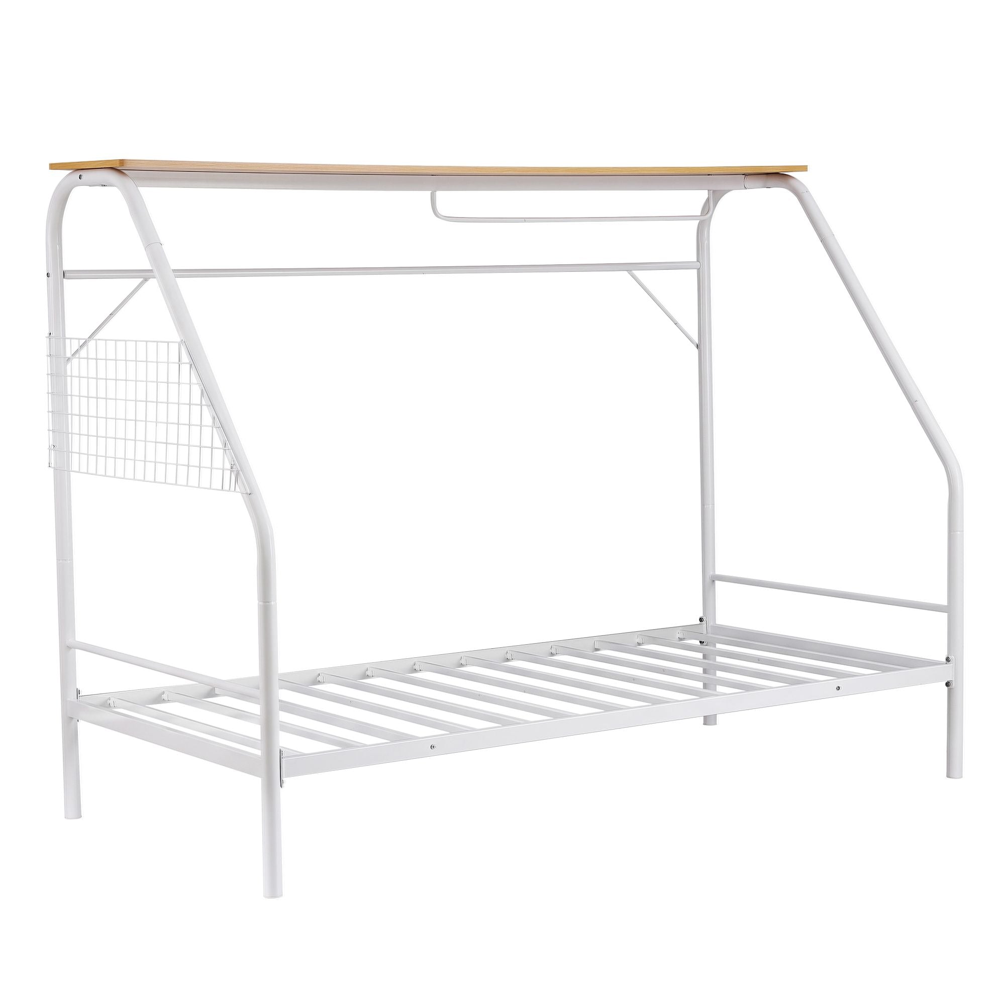 Single House Bed Frame Metal Canopy Bed Storage Shelf for Kids White