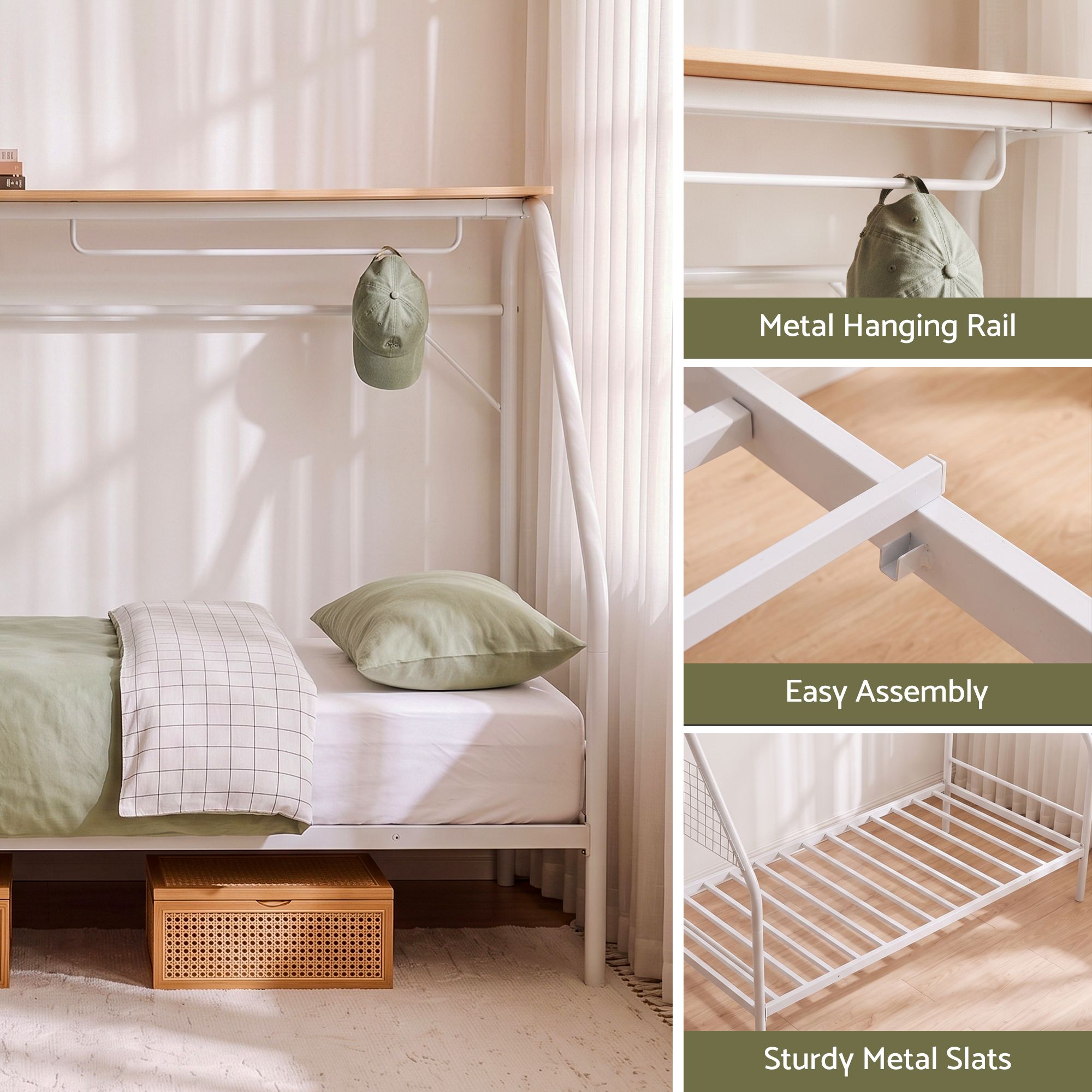 Single House Bed Frame Metal Canopy Bed Storage Shelf for Kids White
