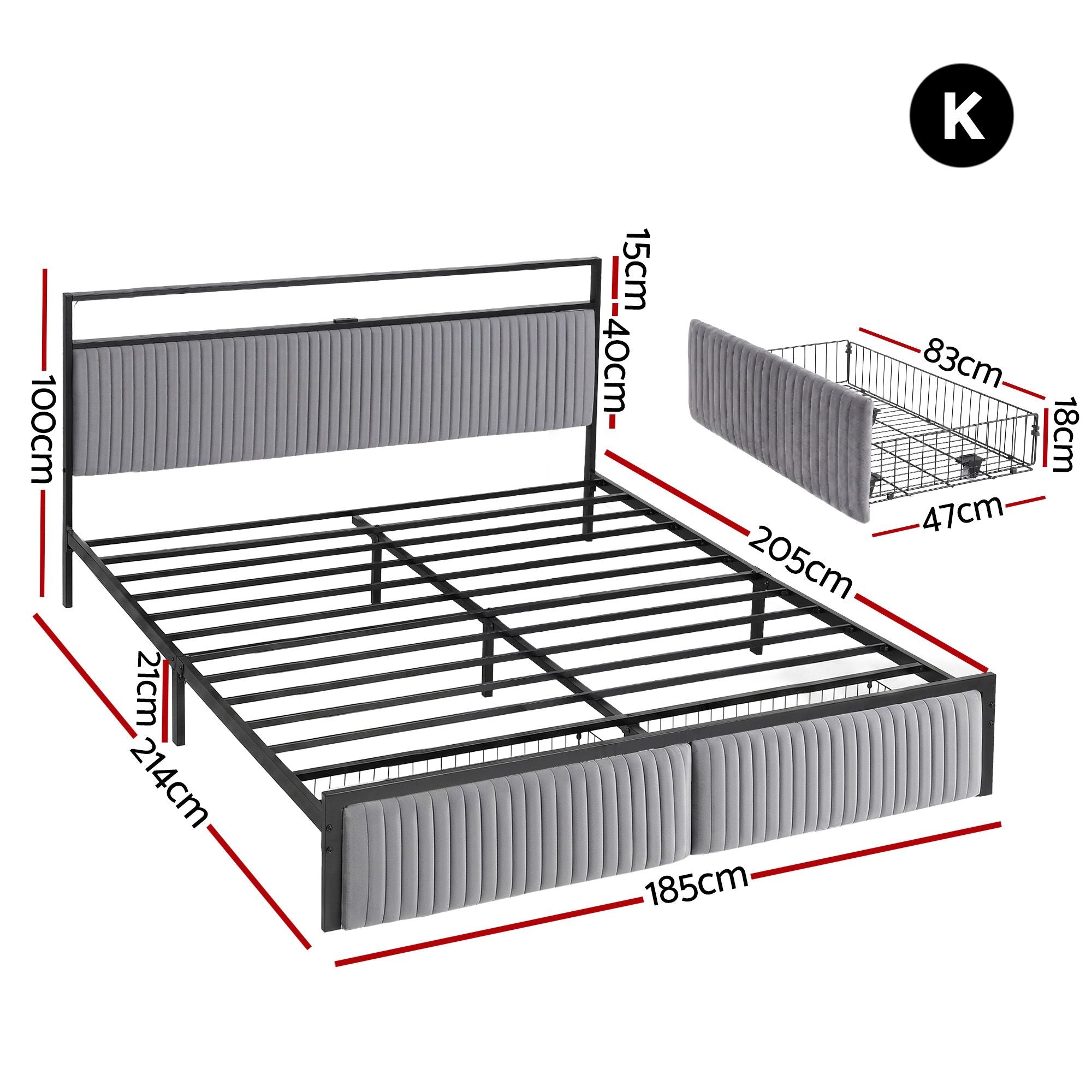 Metal Bed Frame King Size LED Charging Station 2 Drawers
