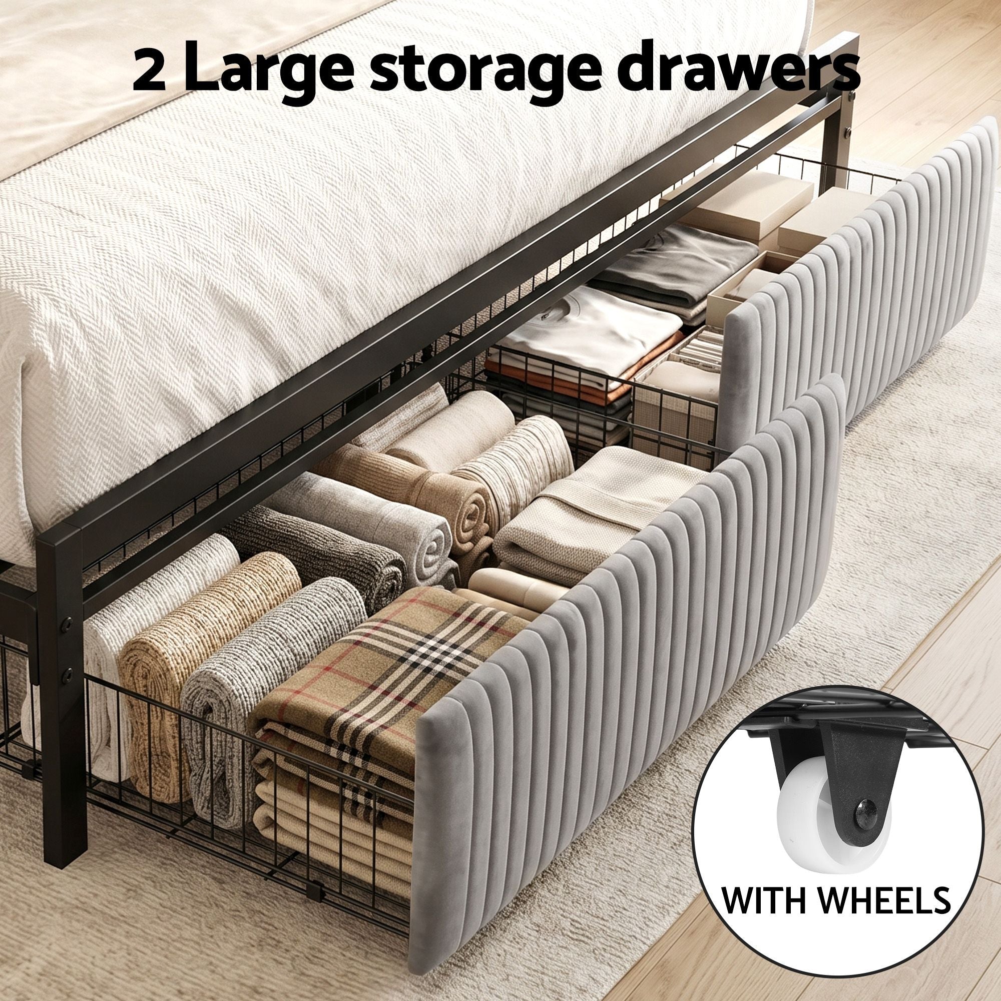 Metal Bed Frame King Size LED Charging Station 2 Drawers