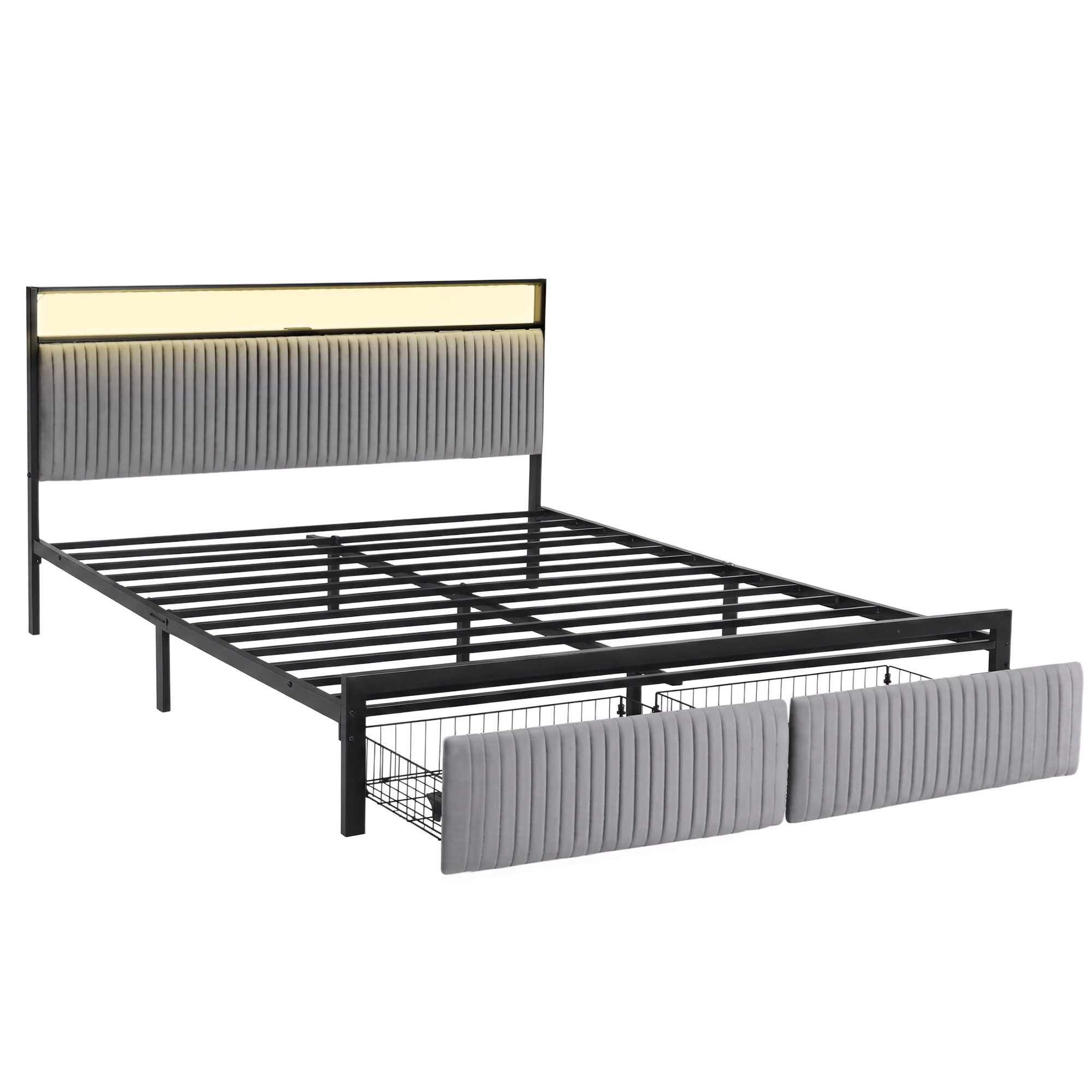 Metal Bed Frame King Size LED Charging Station 2 Drawers