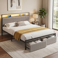 Queen Metal Bed Frame with LED Charging Station and 2 Drawers - Black