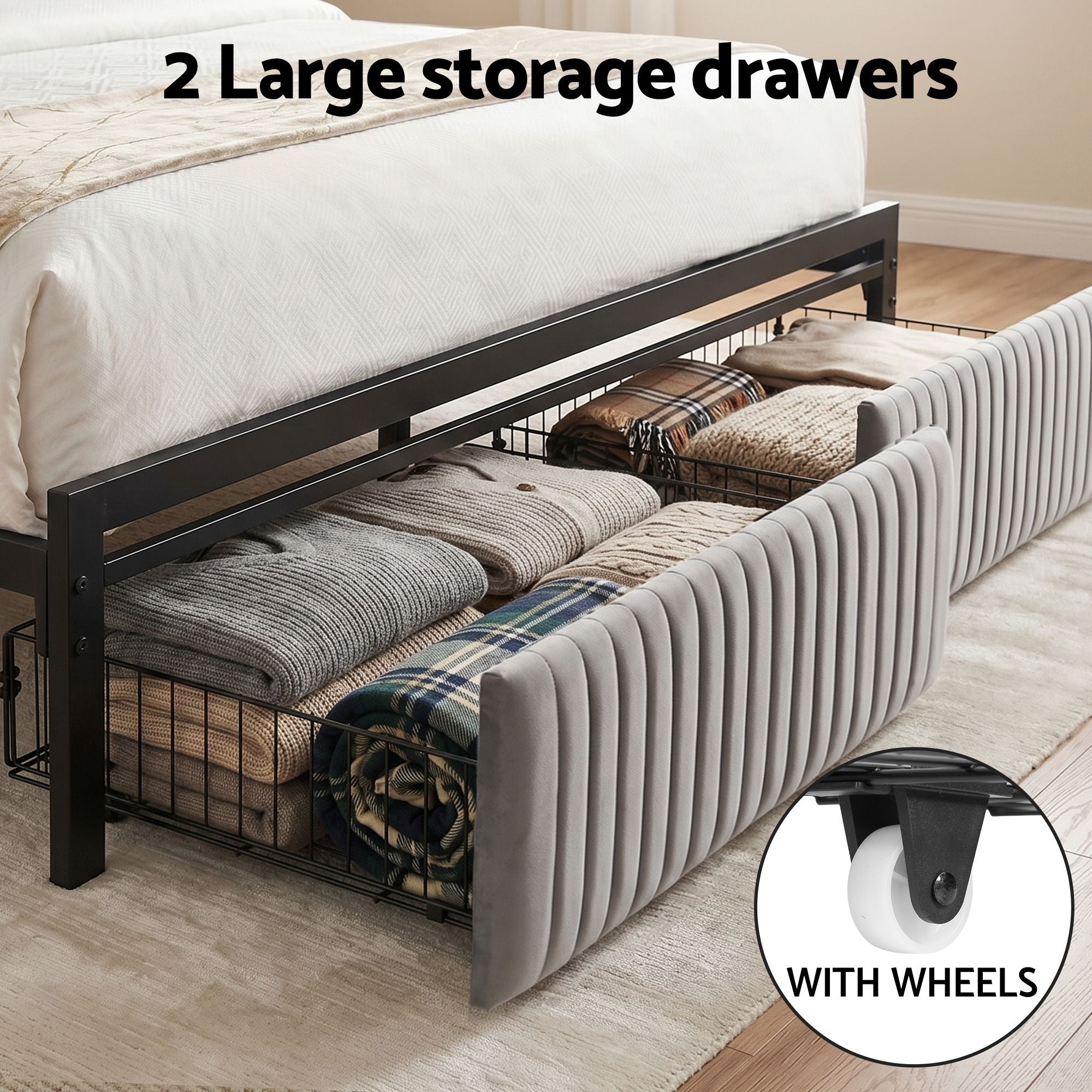 Queen Metal Bed Frame with LED Charging Station and 2 Drawers - Black