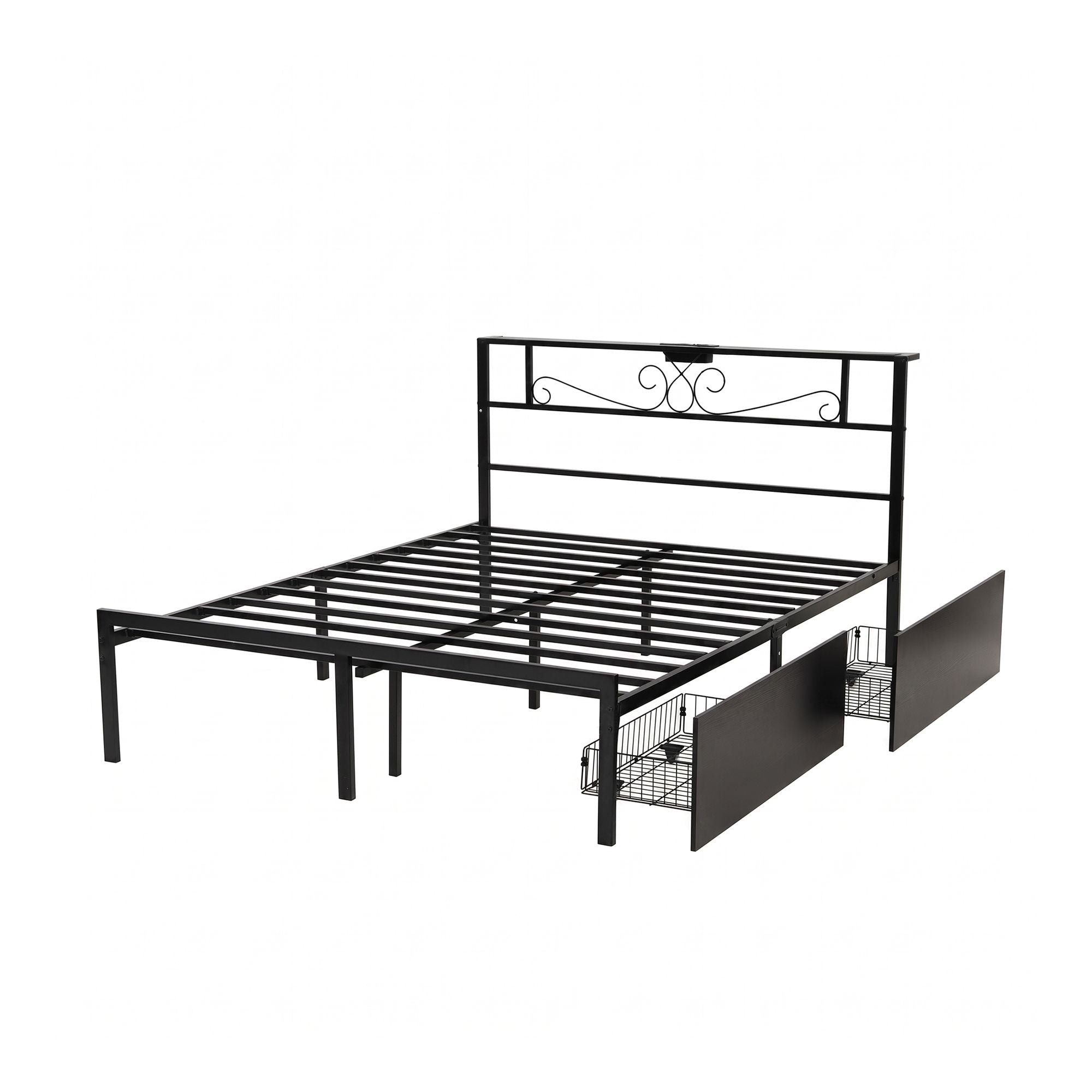 Double Metal Bed Frame with Charging Station and Storage Drawers - Black