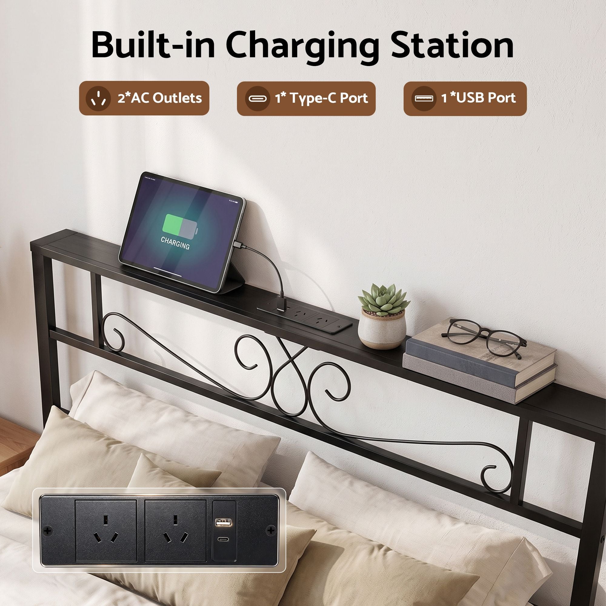 Double Metal Bed Frame with Charging Station and Storage Drawers - Black