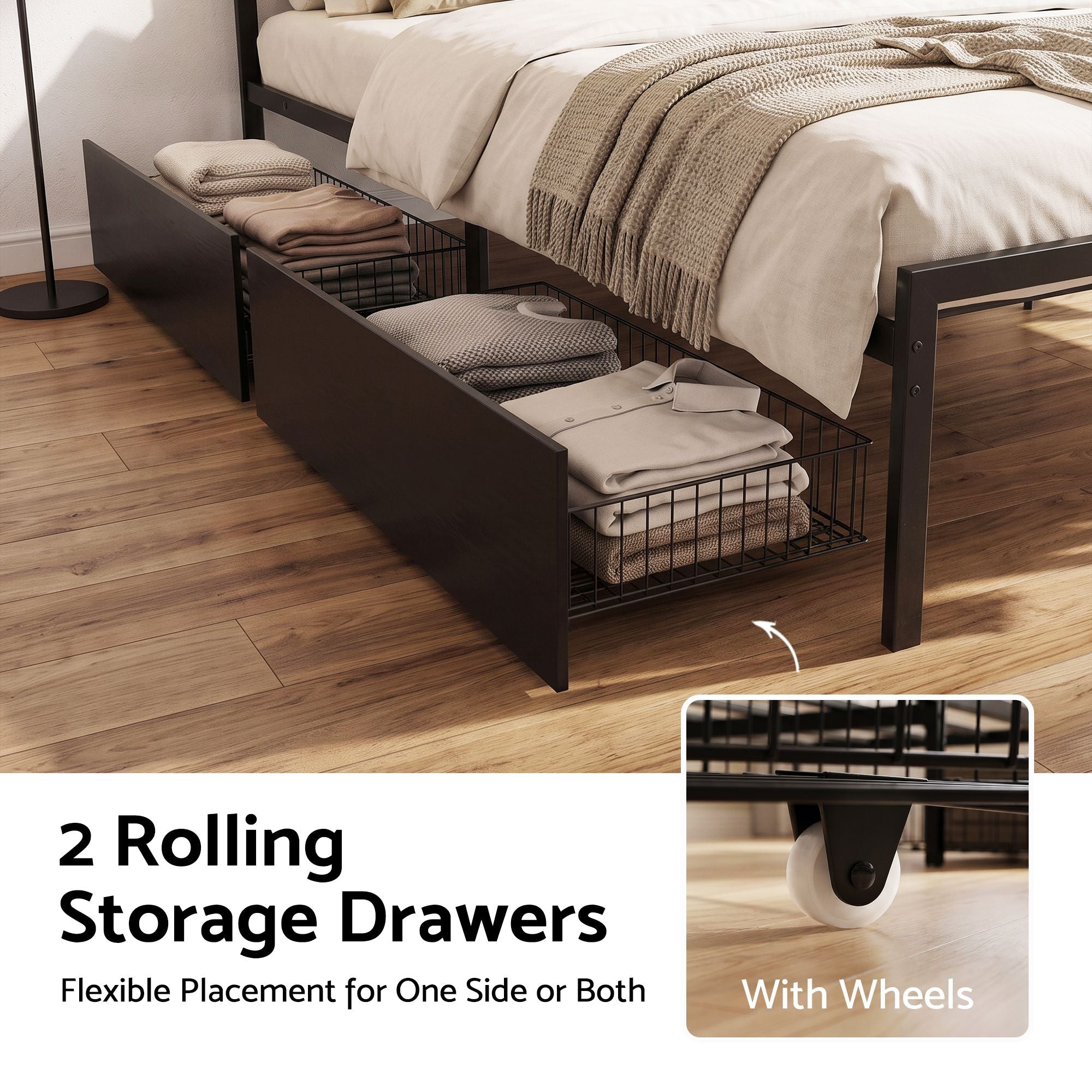 Double Metal Bed Frame with Charging Station and Storage Drawers - Black