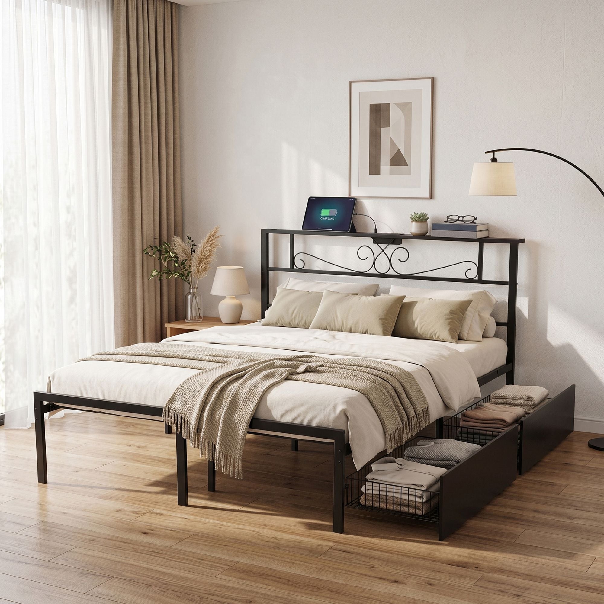 Queen Metal Bed Frame with Charging Station and Storage Drawers - Black