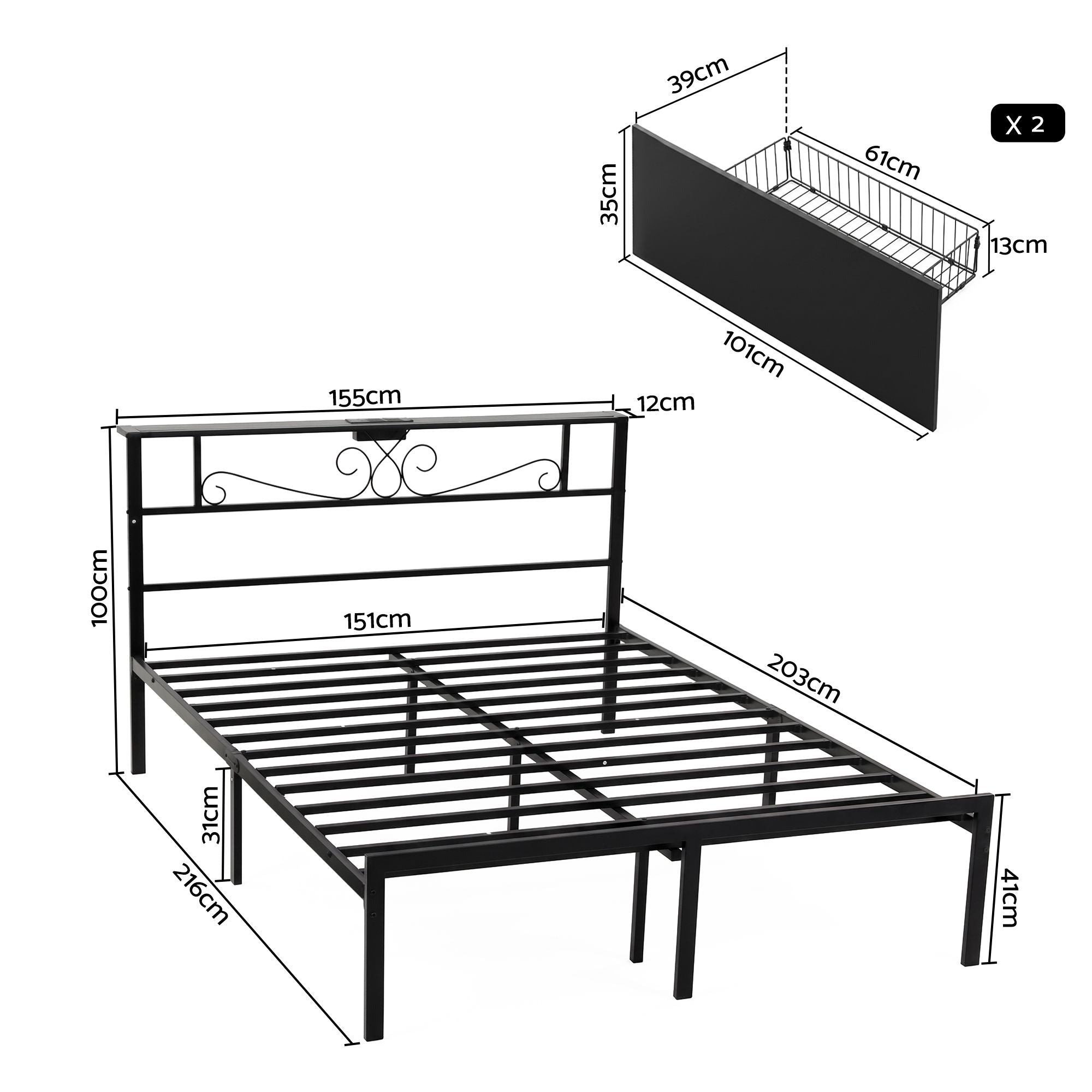 Queen Metal Bed Frame with Charging Station and Storage Drawers - Black