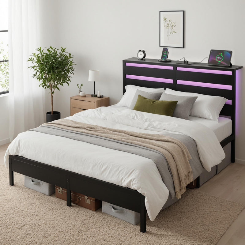 Bed Frame Double Size LED Metal Bed Base with Charging Station-9