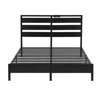 Bed Frame Queen Size LED Metal Bed Base with Charging Station