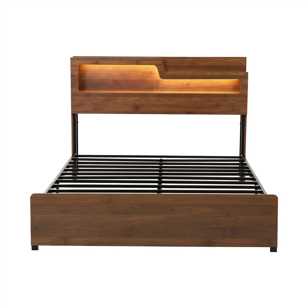 Double Bed Frame Metal with Charging Station LED Light Storage Shelf