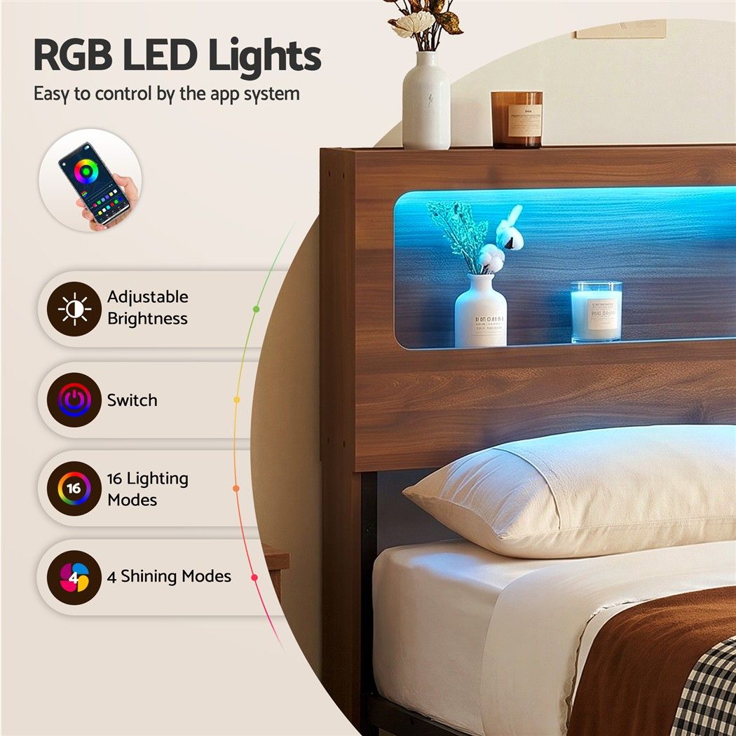 Double Bed Frame Metal with Charging Station LED Light Storage Shelf