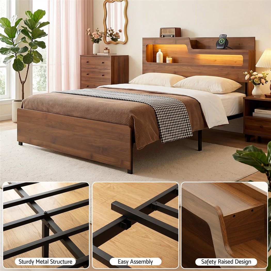Double Bed Frame Metal with Charging Station LED Light Storage Shelf
