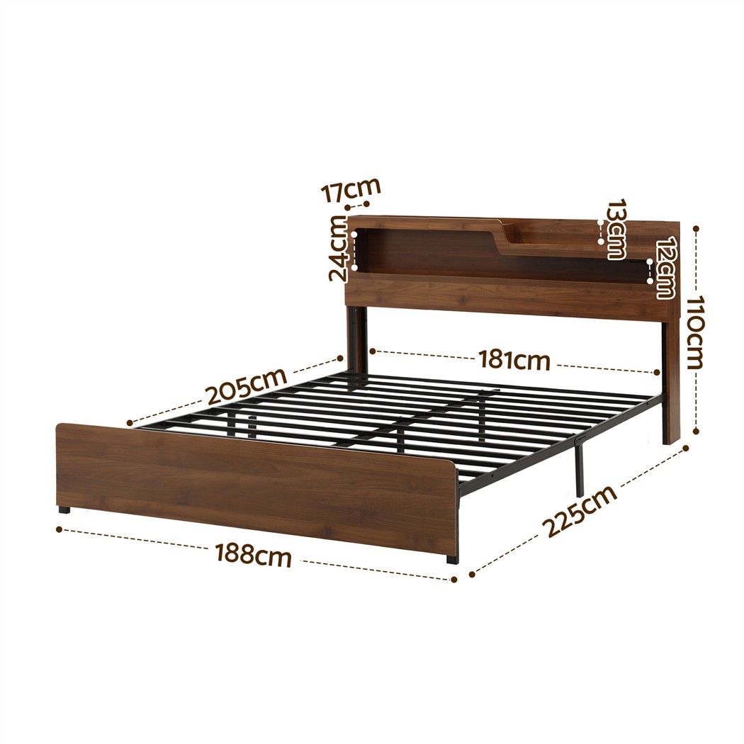 King Bed Frame Metal with Charging Station LED Light Storage Shelf