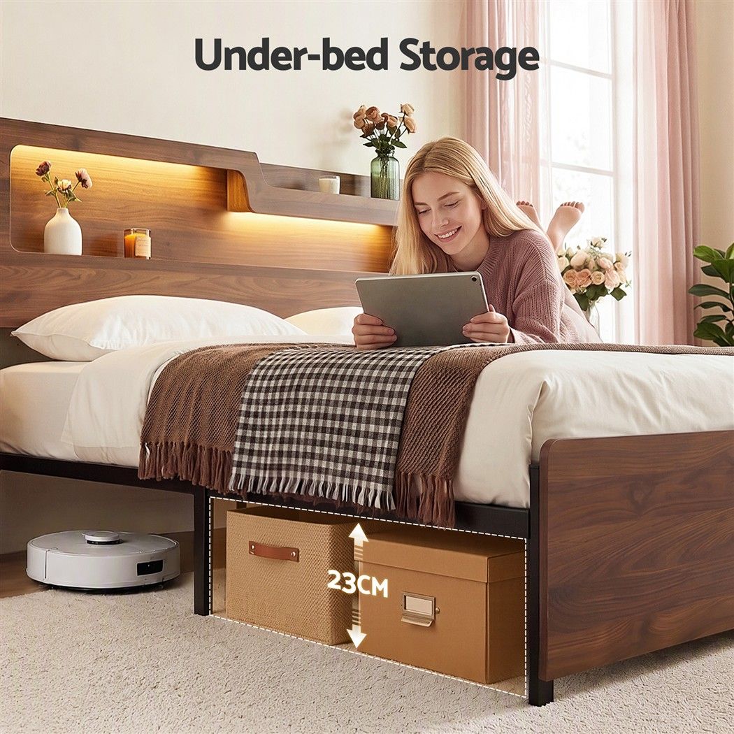 King Bed Frame Metal with Charging Station LED Light Storage Shelf